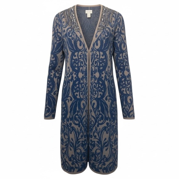 Chico's Sweaters - Chicos Beaded‎ Embellished Blue Tan Scroll Pattern Long Cardigan Sweater Size 1